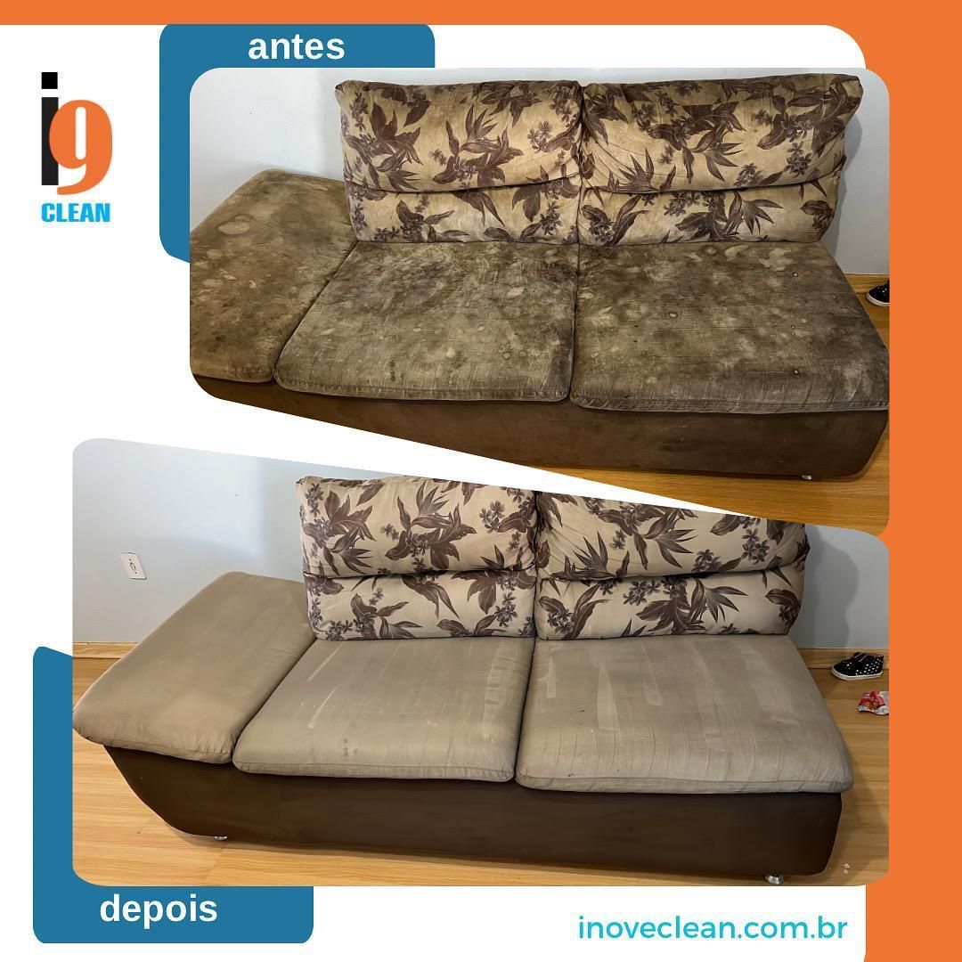 Sofá de tecido estampado antes e depois da higienização profissional Inove Clean